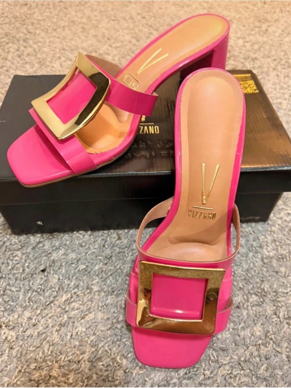 Pink Square-Toe Slide Sandals with Gold Buckle